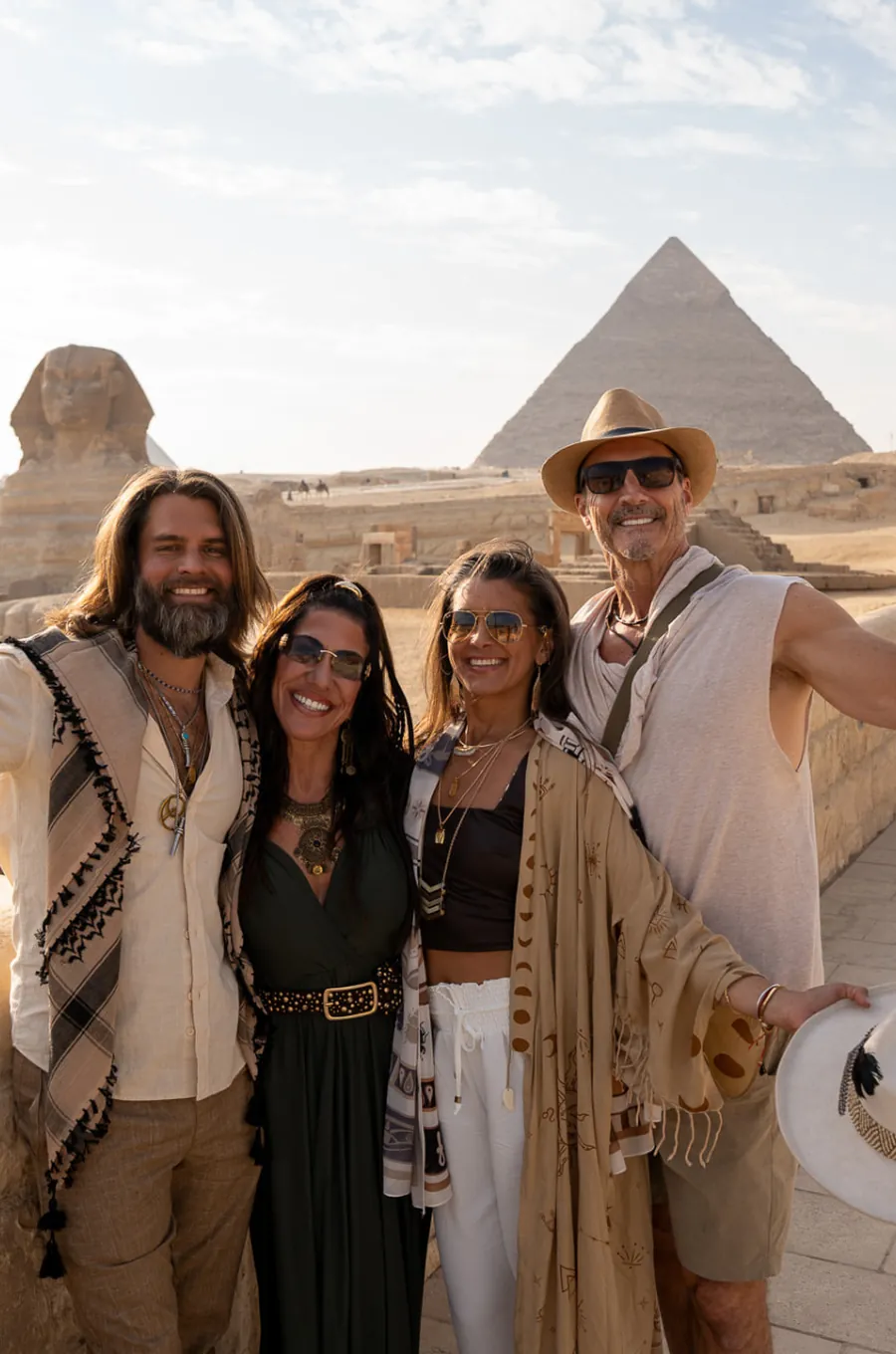 Brandon and Deborah Yager with friends in front of the Great Sphinx and pyramid in Giza