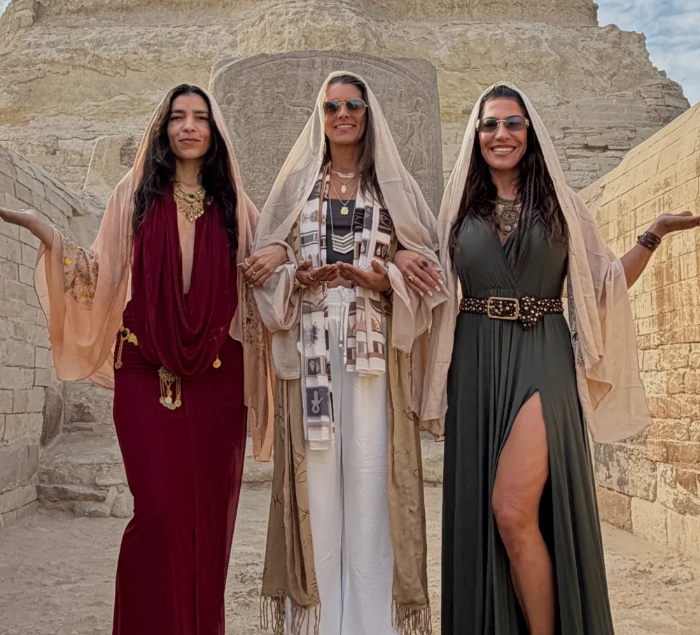 Deb and friends in Egyptian dress at a temple in Egypt